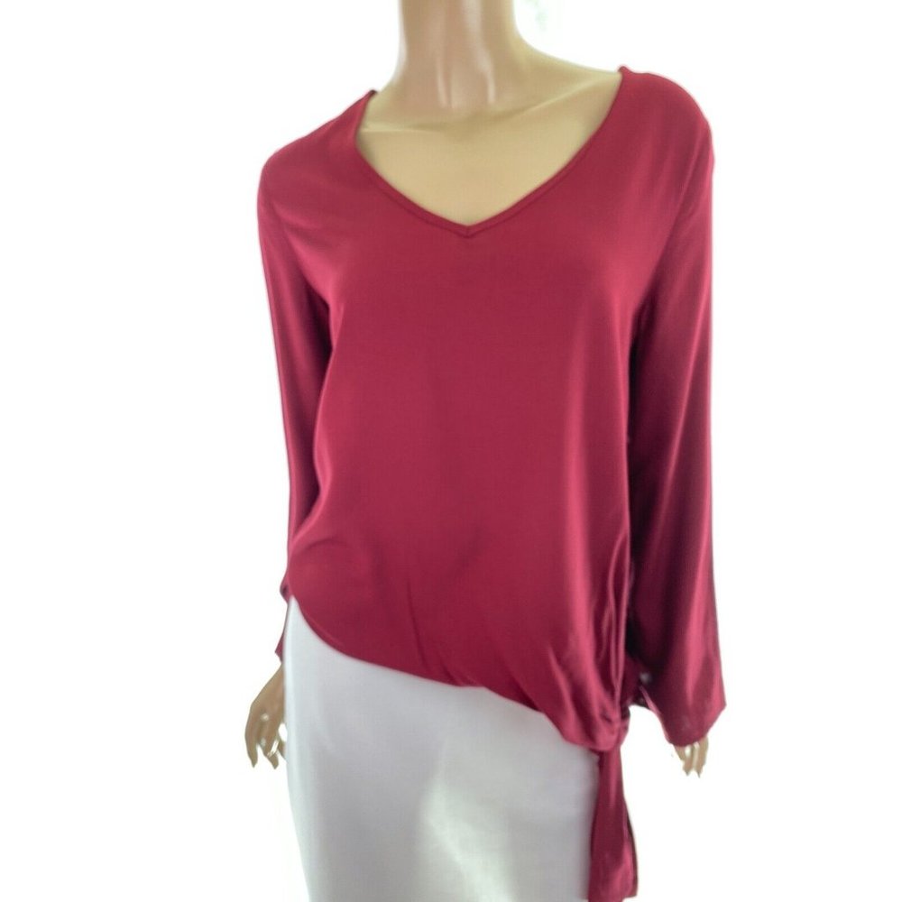 Tysa Size Small Red V-Neck Top Rayon Long Sleeve Ties at Hem MSRP $98